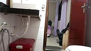 Maid caught bending over in bathroom begs for creampie doggystyle!