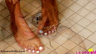 black tattooed beauty with huge tits showers close-up groping nipples hd