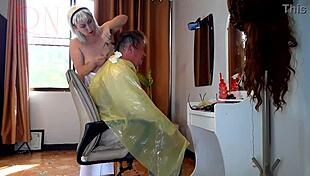 Nudist Barbershop Lady Surprises Client in Apron on Camera