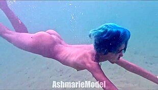 Skinny Latina babe flashes hairy pussy and small natural tits while swimming naked in pool slow motion