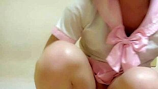 Shemale Ting Xuan dons student cosplay, rides dildo into double anal heels bliss