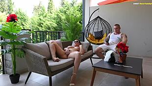 shameless tanned stepmom strips naked for stepson's rough throat pounding