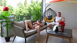 shameless tanned stepmom strips naked for stepson's rough throat pounding