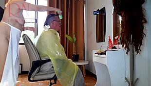 Nudist Barbershop Lady Surprises Client in Apron on Camera