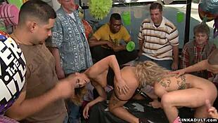 blonde slut gets anal fucked rough in crowded public party shop