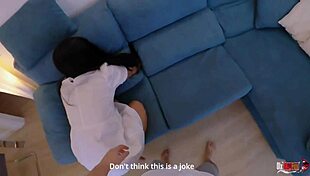 stepmom feels forbidden thrill from stepson anal creampie while stuck on couch