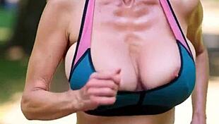 whoa mature milf jogs park paths with her huge natural tits bouncing wild and nipples slipping out everywhere
