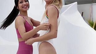 Damn, petite teens Mila Azul and Gloria Sol bare their perfect big natural tits in striptease!