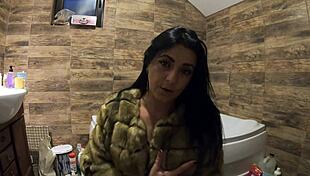 Ripping fur coat and pantyhose for naughty bathtub pee play