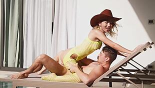 check it out, young skinny girlfriend with small natural tits gets oiled up by mature friend cowboy style