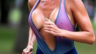 whoa mature milf jogs park paths with her huge natural tits bouncing wild and nipples slipping out everywhere