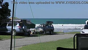 trashy milf walks see-through beach then creampie public slut