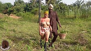 Ranch wife rides massive big black cock outdoors on farm, puffy pussy lips gripping Adigun's monster shaft tight