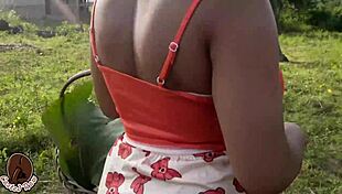 Ranch wife rides massive big black cock outdoors on farm, puffy pussy lips gripping Adigun's monster shaft tight