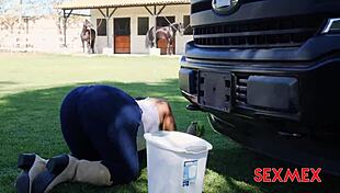 sexmex milf elizabeth marquez drops to knees outdoors pleasing boss cock