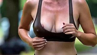 whoa mature milf jogs park paths with her huge natural tits bouncing wild and nipples slipping out everywhere