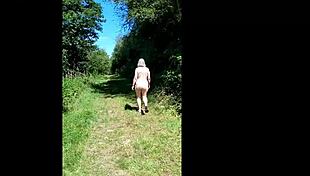 Naughty housewife dares naked outdoor walk in public