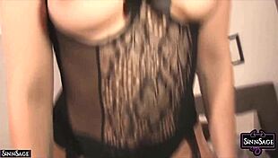 sinn sage's lace lingerie clings to her wet pussy as she rides boyfriend's cock hard