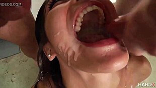 whoa, check out her mouth overflowing with 6 massive cum loads from gangbang!