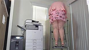 big booty white milf secretary in minidress gets fingered then creampied upskirt by black boss cock