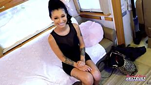 Man, hot brunette Raven Lane fingers wet twat on couch