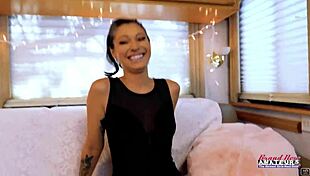 Man, hot brunette Raven Lane fingers wet twat on couch