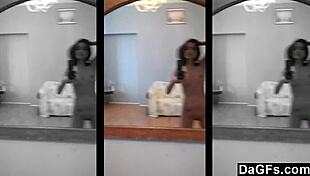 brunette teen with piercings gropes her small shaved tits and hairless pussy in the mirror for a close amateur tease