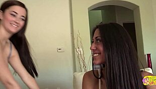 two naughty lesbians lock lips passionately before diving into wet pussies and sharing thick double dildo