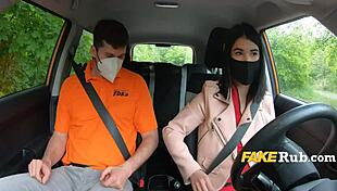 teens slurp cock during driving lesson then bend over for hard doggystyle pounding!