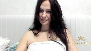 Horny Brunette Milf Fingers Hairy Pussy Clit Post-Shower Craving Young Cock