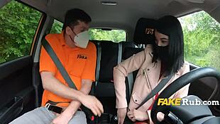 teens slurp cock during driving lesson then bend over for hard doggystyle pounding!