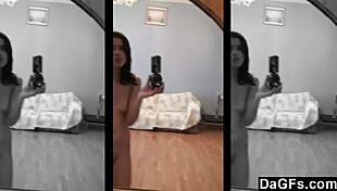 brunette teen with piercings gropes her small shaved tits and hairless pussy in the mirror for a close amateur tease