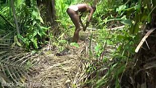 Skinny African tribe woman bends over narrow ass outdoor for ebony action?