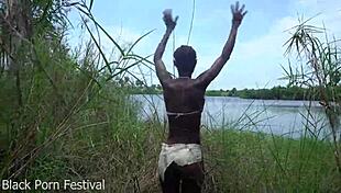 Skinny African tribe woman bends over narrow ass outdoor for ebony action?