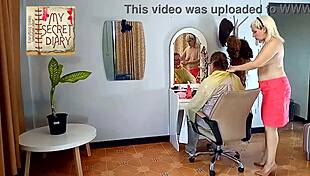 nudist barbershop lady in apron strips client naked