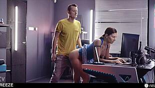 gamer girl frozen mid-match bends for creampie pounding and cum swallow lobby