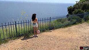 Girl strokes flashing cock publicly in mountains to cumshot