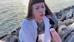 brunette teen deepthroats beach cock swallowing hot cum load part 1