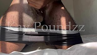 Early morning ebony moans hard stroking monster cock to explosive cum