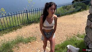 Girl strokes flashing cock publicly in mountains to cumshot