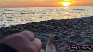 i flash my cock to stepdaughter at beach sunset she jerks me off publicly