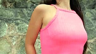 cute brunette babe flashes bikini teases dances sexy on crowded public beach