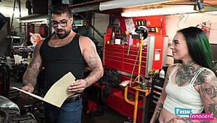 Innocent teen chokes on mechanic's monster cock before tight pussy spanking pounding