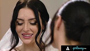 Charlotte Sins and Melissa Stratton relive rough lesbian wedding scissoring fantasy