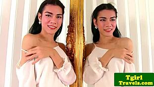 busty asian ladyboy mia teases and jerks cock in mirror