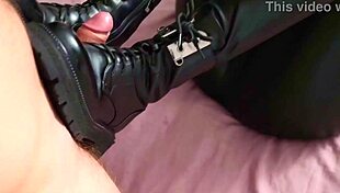 blonde milf dominates him with boots dildo footjob and cum on ass