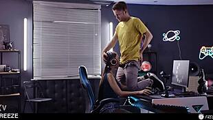 gamer girl frozen mid-match bends for creampie pounding and cum swallow lobby