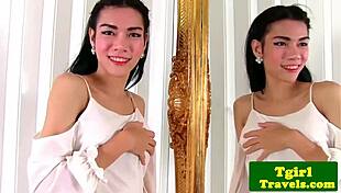 busty asian ladyboy mia teases and jerks cock in mirror