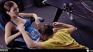 gamer girl frozen mid-match bends for creampie pounding and cum swallow lobby