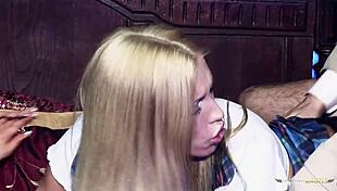 blonde milf's natural tits bounce wildly in bed threesome action